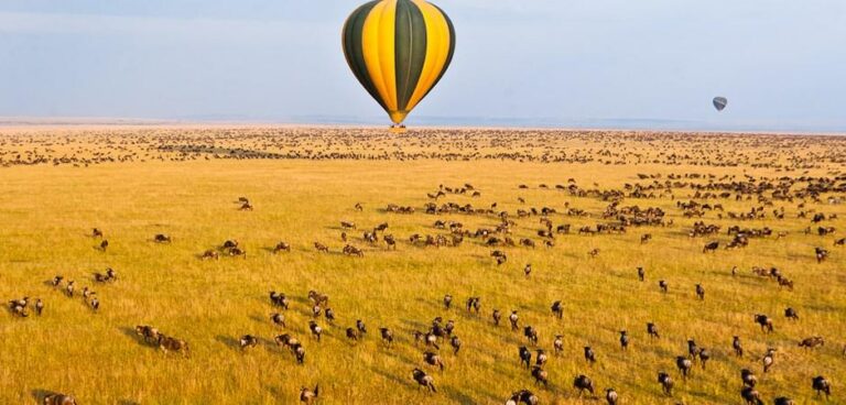 A hot air balloon floating over the Serengeti at Nasikia Mobile Migration Camp, Tanzania.
