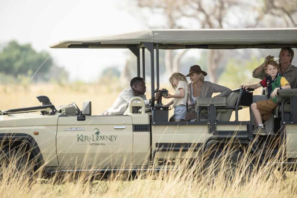 A family on a safari drive at Kanana, Botswana.