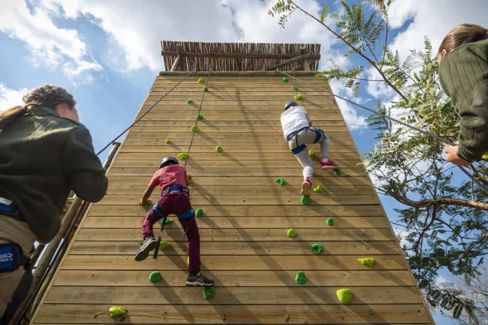 Kids climbing up a climbing wall at Shamwari Riverdene, South Africa.
