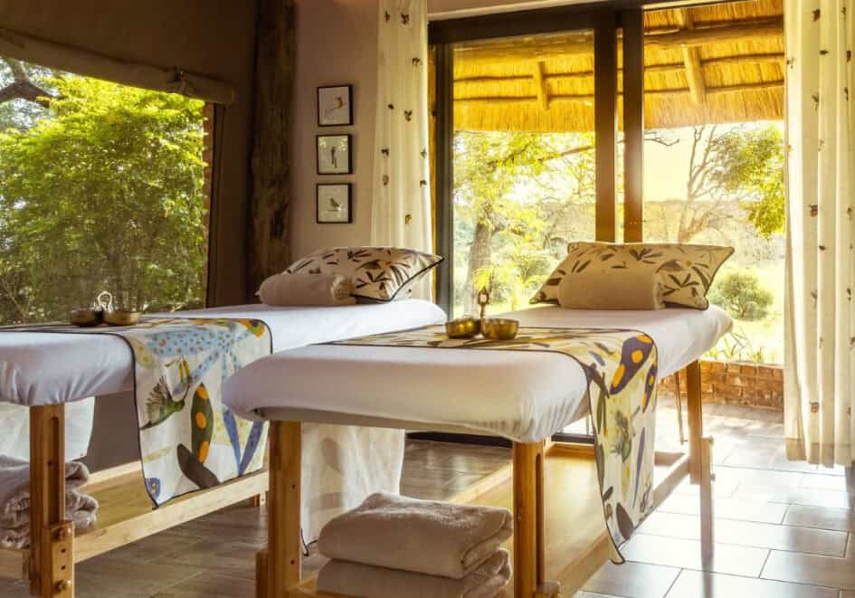 The spa at Anantara Stanley & Livingstone Victoria Falls Hotel, Zimbabwe overlooking the outdoors.