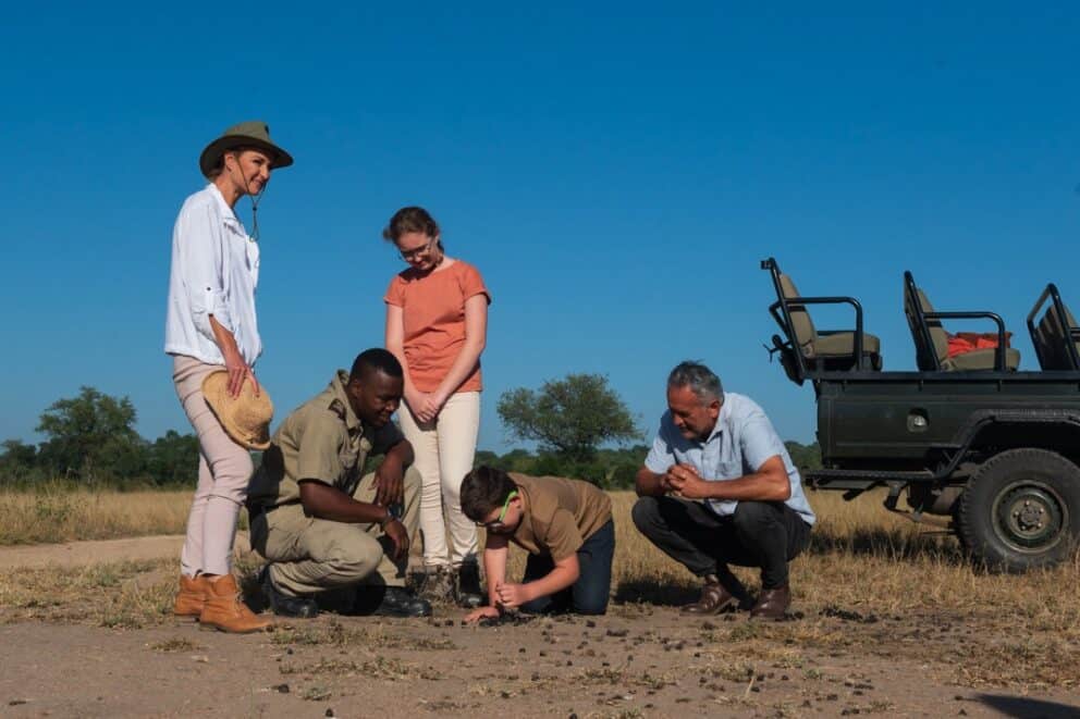 A family on a guided walking safari at Sabi Sabi Sabi Bush Lodge, South Africa.