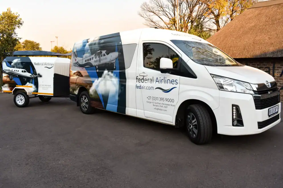 View of FedAir's private bus service in South Africa.