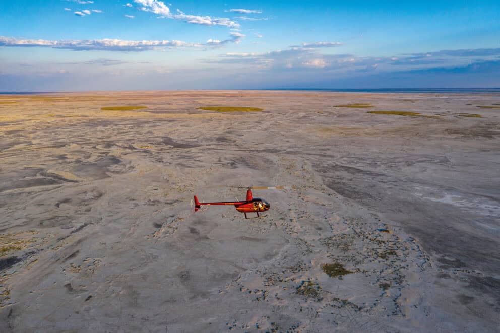 A helicopter flight over Makgadikgadi Pans, Botswana.