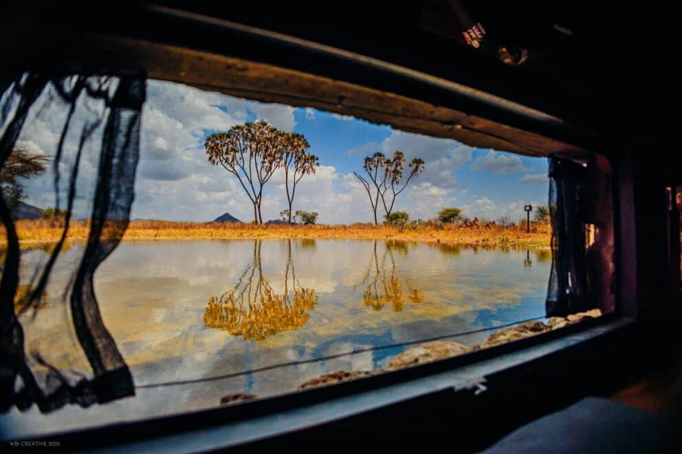 View of the waterhole and open Masai Mara plains from the photo hide at Soroi Larsens Camp, Kenya.