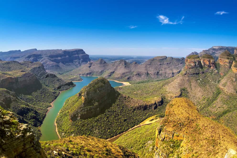 Aerial view of the Blyde River Canyon and the three rondavels in South Africa.