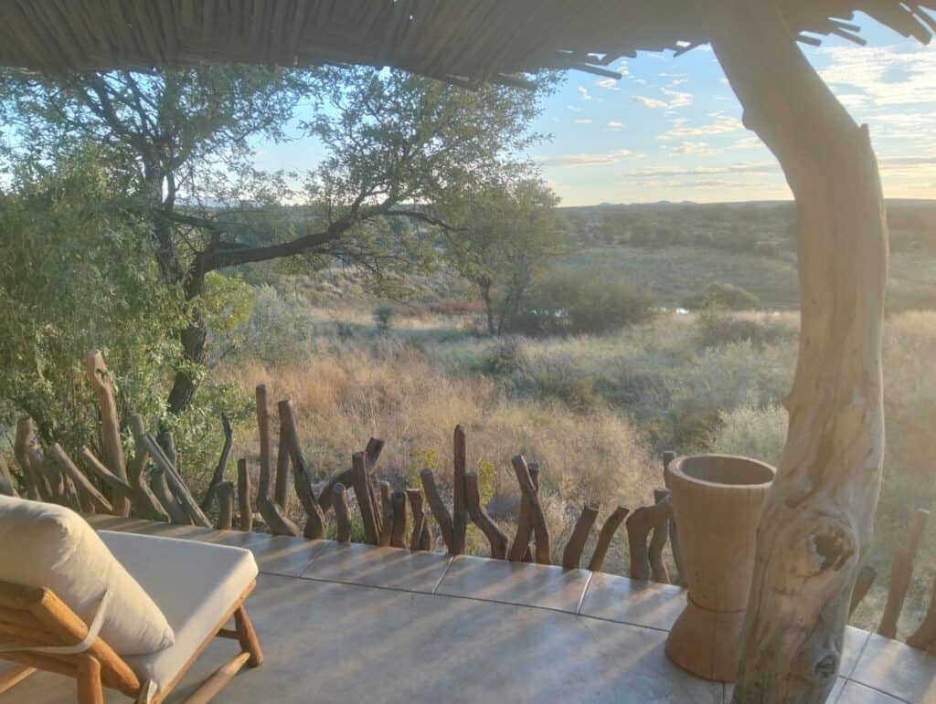 View from the private wooden deck overlooking the Damaraland landscape in Namibia.
