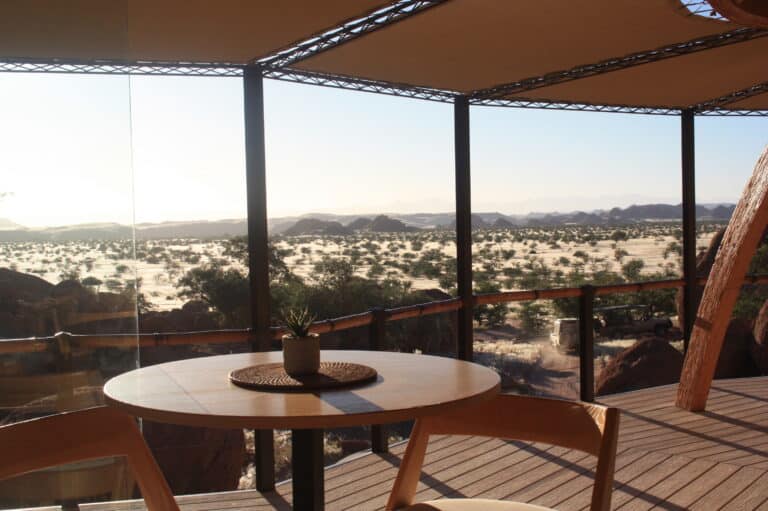 View of the Damaraland landscape from the deck at Onduli Ridge, Namibia.