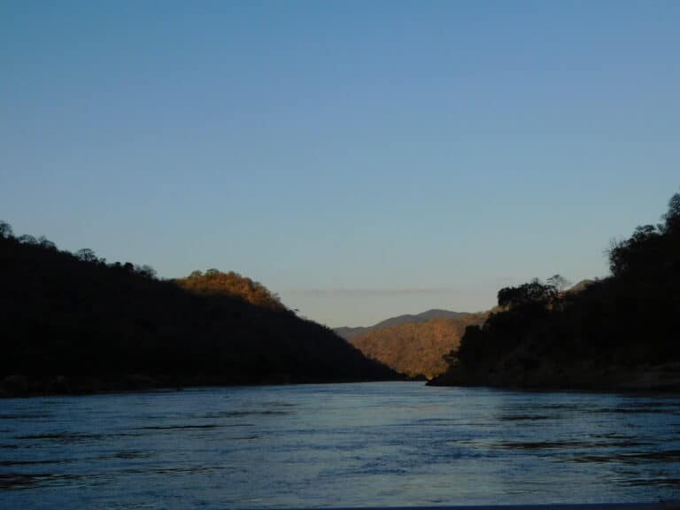View of Mpata Gorge and it's rolling hills along the water's edge in Zambia.