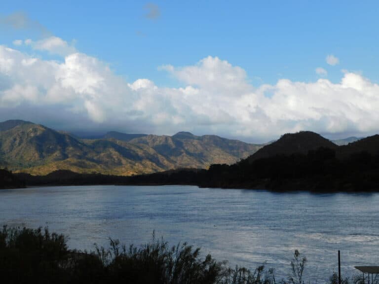 View of the Zambezi River and rolling hills.
