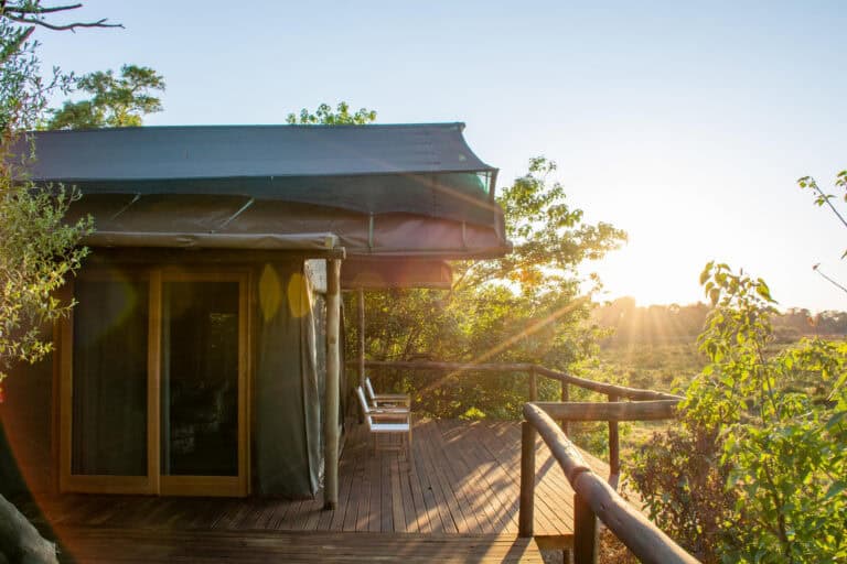 View of a bedroom suite and private balcony at Mma Dinare, Botswana.
