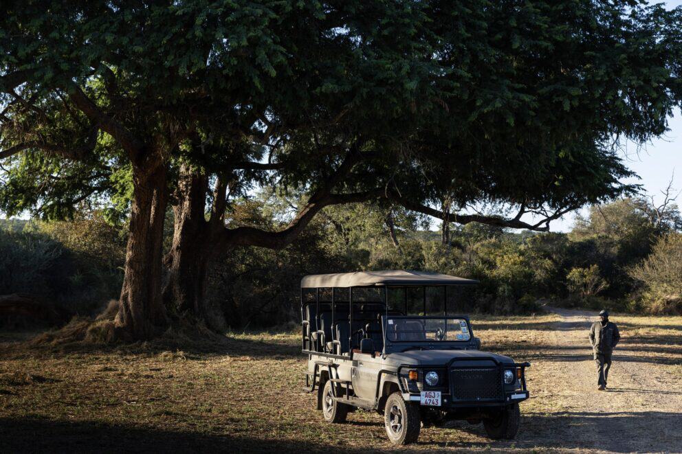 A safari vehicle parked under a tree in Victoria Falls Private Game Reserve in Zimbabwe.