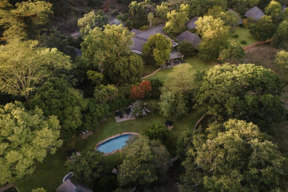 Aerial view of Anantara Stanley & Livingstone Victoria Falls Hotel in Victoria Falls Private Game Reserve in Zimbabwe.