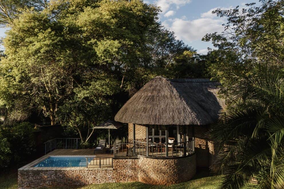 Exterior view of Anantara Stanley & Livingstone Victoria Falls Hotel in Victoria Falls Private Game Reserve in Zimbabwe.