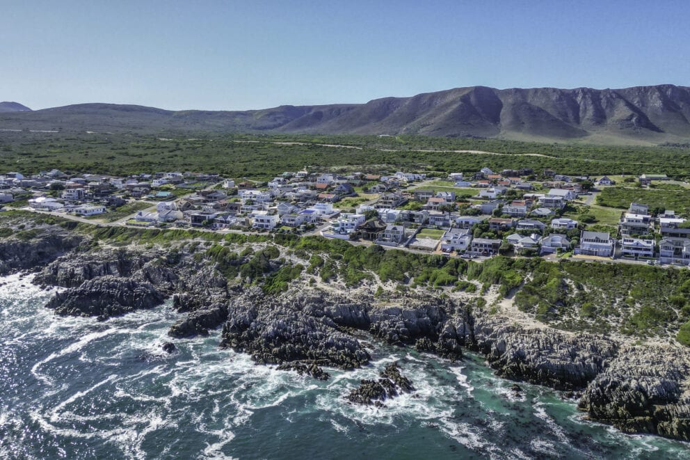 Aerial drone view of Gansbaai small town near Hermanus South Africa famous for whale watching.